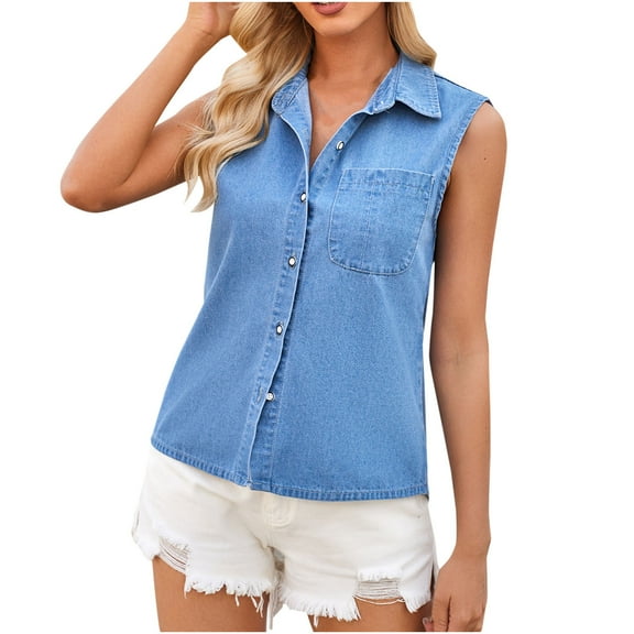 FAIWAD Womens Button Up Denim Shirt Sleeveless Lapel Basic Jean Shirt Casual Summer Denim Tops