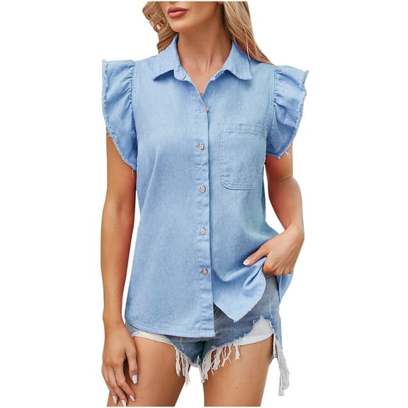 FAIWAD Womens Button Up Denim Shirt Sleeveless Ruffle Hem Basic Jean Shirt Casual Summer Denim Tops