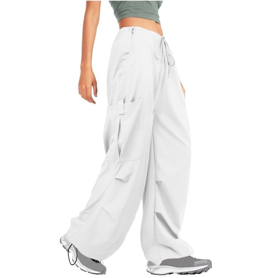 FAIWAD Womens Cargo Pants with Pockets Straight Elastic Adjustable Drawstring Trousers Loose Streetwear Pants (Medium, White2)