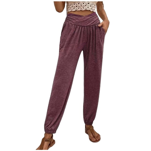 FAIWAD Womens Casual High Waist Straight Pants Cross Patchwork Soft Nine Points with Pockets (Large, Purple)