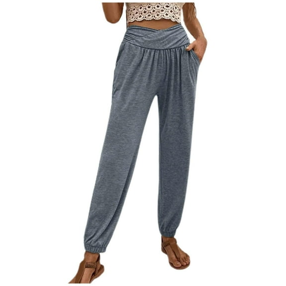 FAIWAD Womens Casual High Waist Straight Pants Cross Patchwork Soft Nine Points with Pockets (Medium, Gray)
