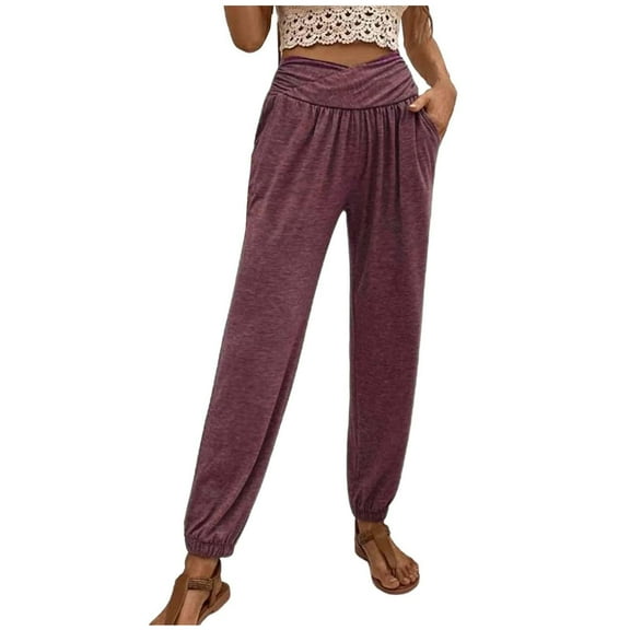 FAIWAD Womens Casual High Waist Straight Pants Cross Patchwork Soft Nine Points with Pockets (X-Large, Purple)