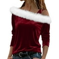 thumbnail image 1 of FAIWAD Womens Christmas Tops Velvet Long Sleeve Off The Shoulder Fuzzy Trim Pullover Tops Xmas Cute Blouses, 1 of 9