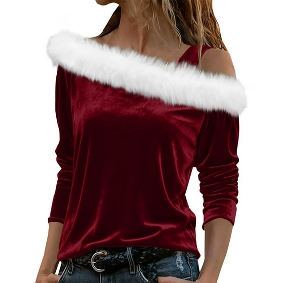 FAIWAD Womens Christmas Tops Velvet Long Sleeve Off The Shoulder Fuzzy Trim Pullover Tops Xmas Cute Blouses