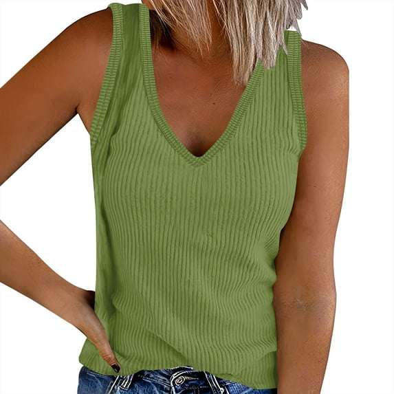 FAIWAD Womens Classic Tank Tops Summer V Neck Ribbed Sleeveless Shirts Casual Stretch Knit Blouses Tees