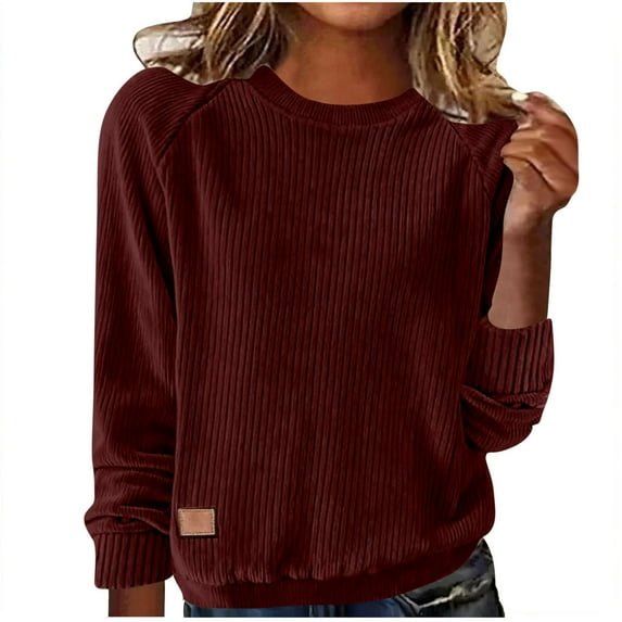 FAIWAD Womens Corduroy Tops Solid Color Crewneck Long Sleeve Ribbed Pullover Casual Lightweight Blouses