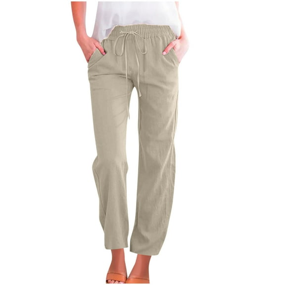 FAIWAD Womens Cotton Linen Casual Pants Straight Leg Drawstring Elastic High Waist Trousers Loose Comfy Sweatpants