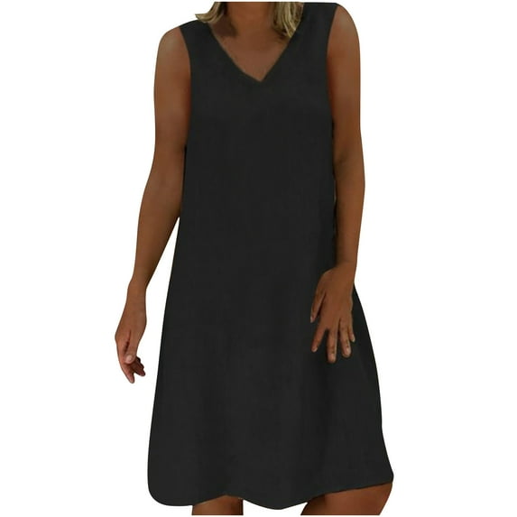 FAIWAD Womens Cotton Linen Dresses Casual Sleeveless Sundress Summer V Neck Solid Color Tunic Dress