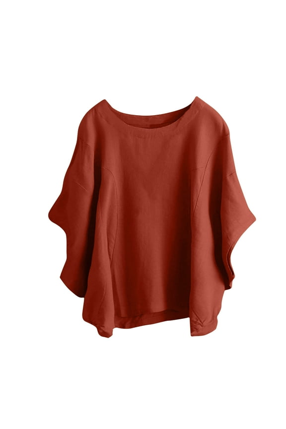 Womens Cotton Linen Round Neck Short Sleeve Tops Solid Color Elegant Lightweight Tops (Small, Orange)