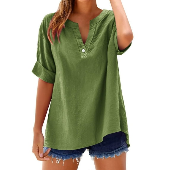 FAIWAD Womens Cotton Linen Shirts Short Sleeve V Neck Buttons Loose Casual Blouses Vacation Going Out Dressy Clothes