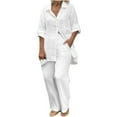 thumbnail image 1 of FAIWAD Womens Cotton Linen Summer Business Work Sets Roll Up Sleeves Shirt Blouse Pant Set Dressy Casual Outfits, 1 of 8