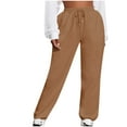 thumbnail image 1 of FAIWAD Womens Cotton Pants Solid Color Straight Trousers Adjustable Drawstring Elastic Waist Trousers (Large, Brown), 1 of 5