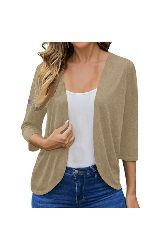 Womens Cropped Cardigan 3/4 Length Sleeve Soft Solid Color Lightweight Blouses Open Front Thin Cardigans