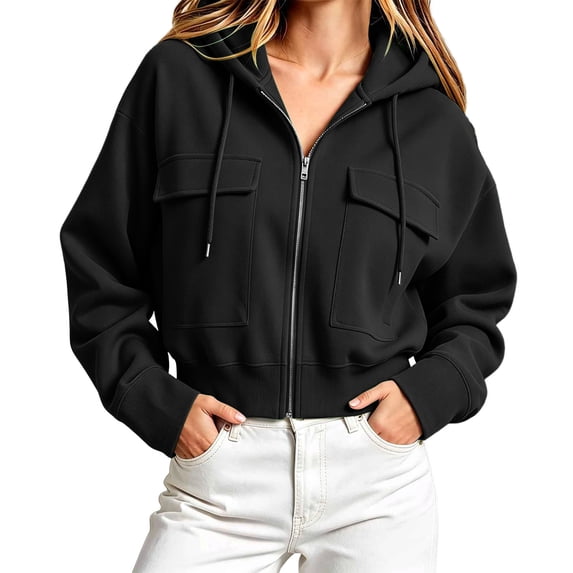 FAIWAD Womens Cropped Hoodies Full Zip up Long Sleeve Casual Hooded Sweatshirts with Pockets
