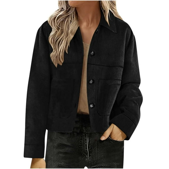 FAIWAD Womens Cropped Jacket Button Down Long Sleeve Lapel Vintage Shacket Jackets Trendy Work Streetwear