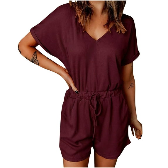 FAIWAD Womens Elastic Short Rompers V Neck Short Sleeve with Pockets Comfy Jumpsuit with Drawstring (Medium, Wine)