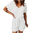 thumbnail image 1 of FAIWAD Womens Elastic Short Rompers V Neck Short Sleeve with Pockets Comfy Jumpsuit with Drawstring (X-Large, White), 1 of 7