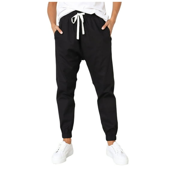 FAIWAD Womens Elastic Waist Drawstring Solid Color Pants Slim Straight Lightweight Trousers with Pockets (Medium, Black)