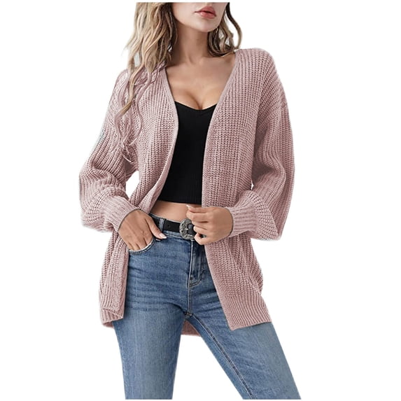 FAIWAD Womens Fall Winter Long Sleeve Tops Open Front Knit Cardigan Sweater Solid Color Outwear Coat (Small, Pink)