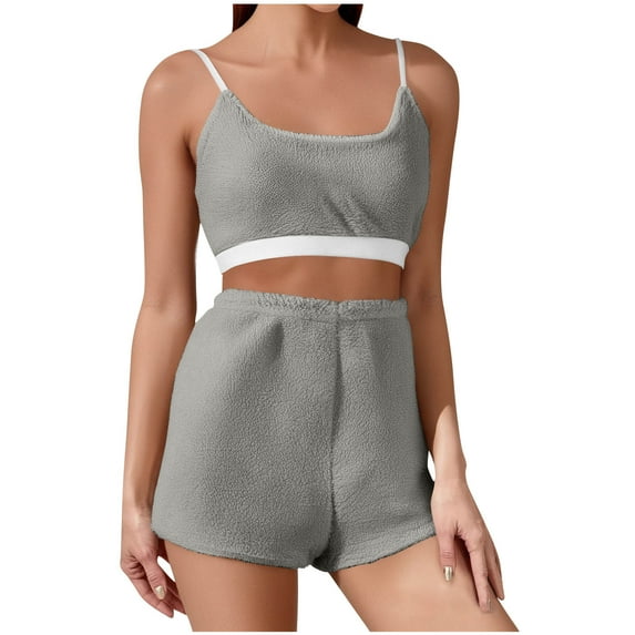 FAIWAD Womens Flannel Pajamas Sets Fleece Sleeveless Camisole Tank Top and Shorts Comfy Fuzzy Loungewear