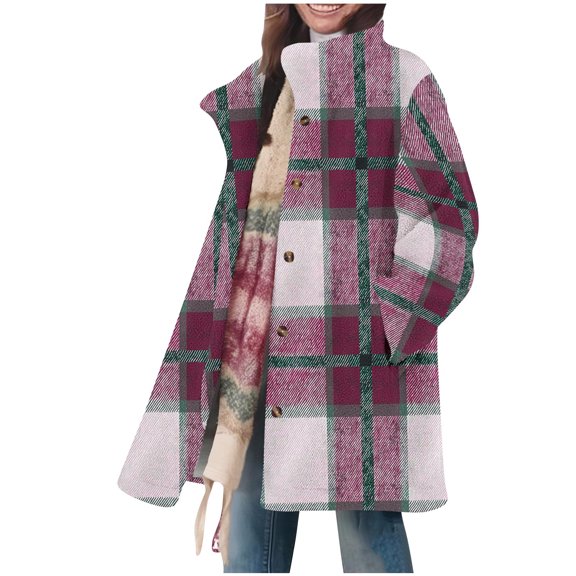 FAIWAD Womens Flannel Plaid Shacket Jacket Casual Button Down Classic Trench Coat with Pockets Trendy Warm Winter Outwear