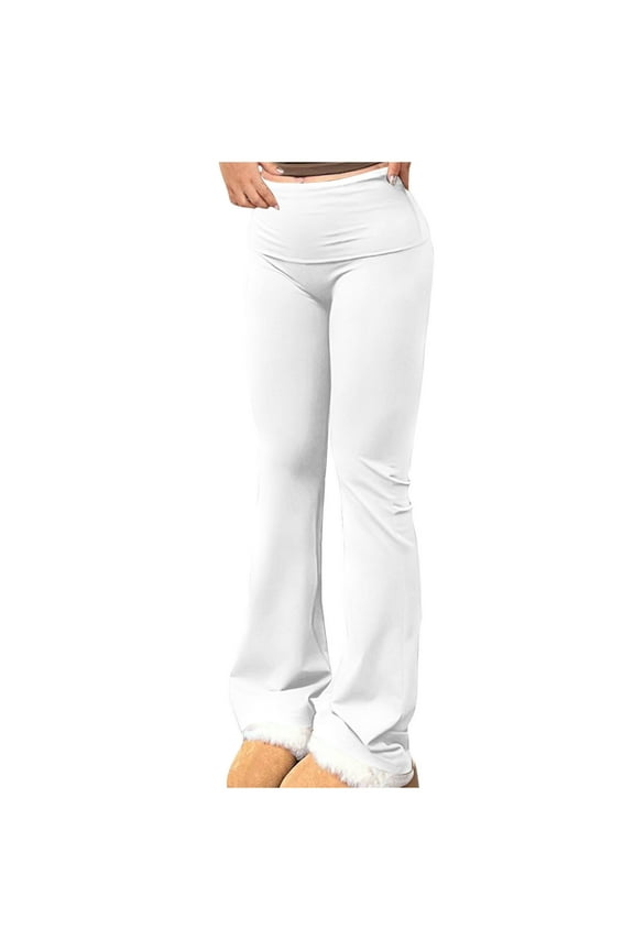 Womens Flared Leggings Casual Stretch High Waist Fold Over Athletic Yoga Dance Pants Lounge Workout Activewear