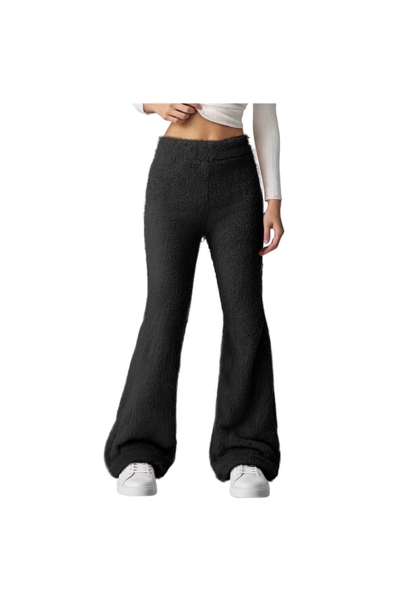 Womens Fleece Flare Leggings Winter Warm Lined Bell Bottom Pants Elastic High Waist Thicken Home Trousers