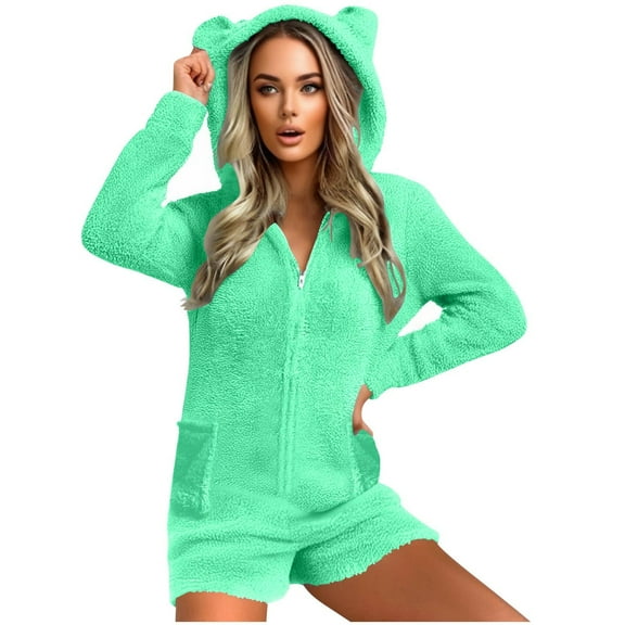 FAIWAD Womens Fleece Hooded Romper Warm Fuzzy Zipper Sleepwear Soft Plush Playsuit Loungewear with Pockets