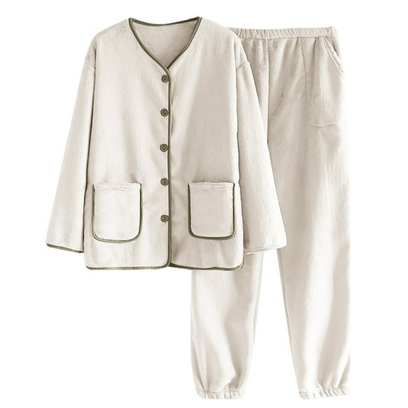 FAIWAD Womens Fleece Pajama Sets Long Sleeve Button Coat with Pants 2 Piece Flannel Pjs Sets Winter Plush Loungewear
