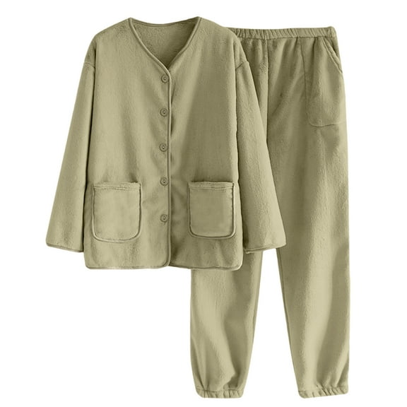 FAIWAD Womens Fleece Pajama Sets Long Sleeve Button Coat with Pants 2 Piece Flannel Pjs Sets Winter Plush Loungewear