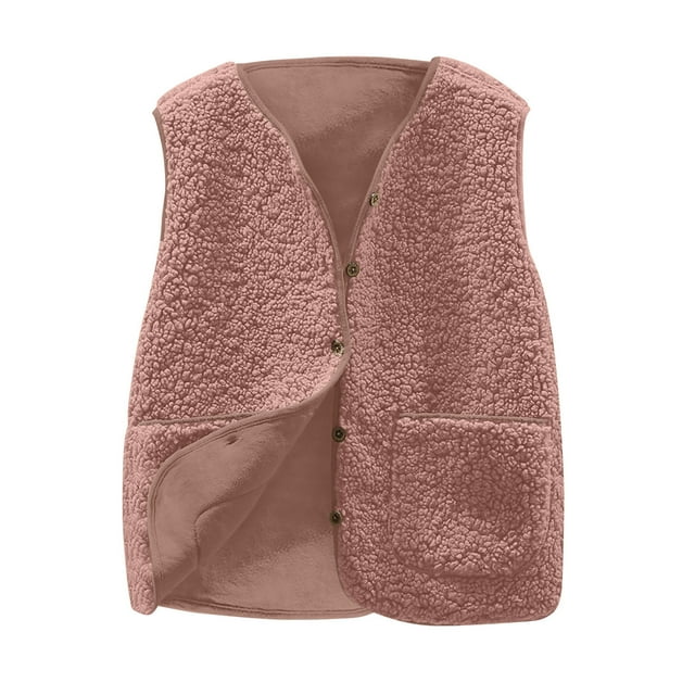 FAIWAD Womens Fleece Vest Fall Winter Warm Sleeveless Button Down Waistcoat Solid Color Loose Vest Coat