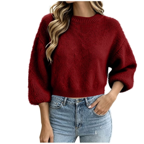 FAIWAD Womens Fuzzy Cropped Sweater Oversized Crew Neck Knit Tops Fall Casual Daily Pullover