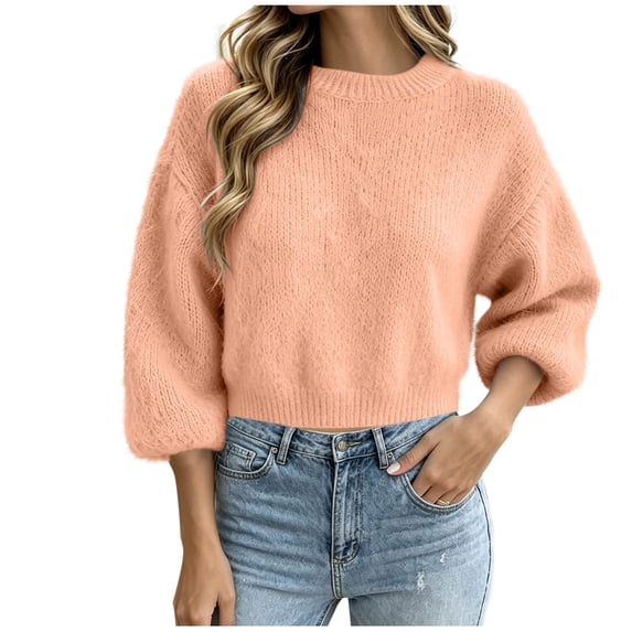 FAIWAD Womens Fuzzy Cropped Sweater Oversized Crew Neck Knit Tops Fall Casual Daily Pullover