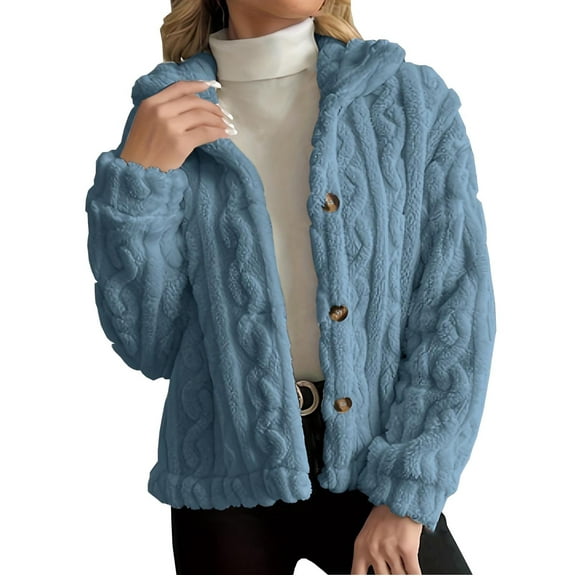 FAIWAD Womens Fuzzy Fleece Jacket Button Down Hooded Cropped Outwear Casual Winter Warm Coats