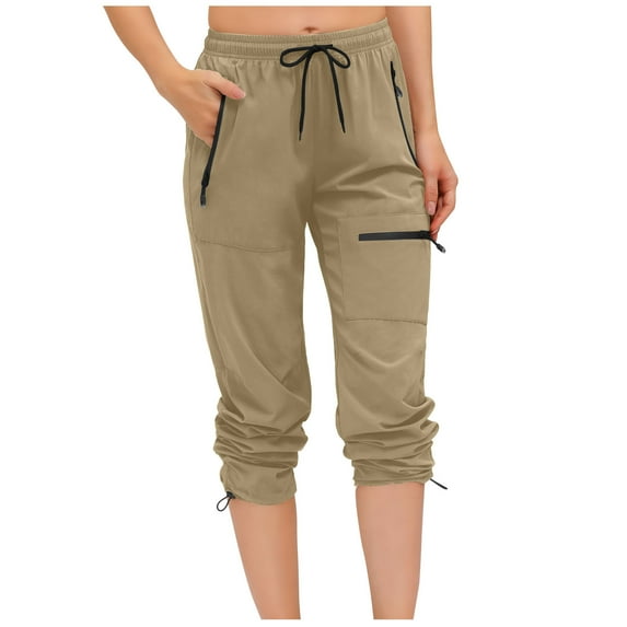 FAIWAD Womens Hiking Pants with Multipockets Zipper Lightweight Drawstring Elastic Waist Cargo Pants (X-Large, Khaki)