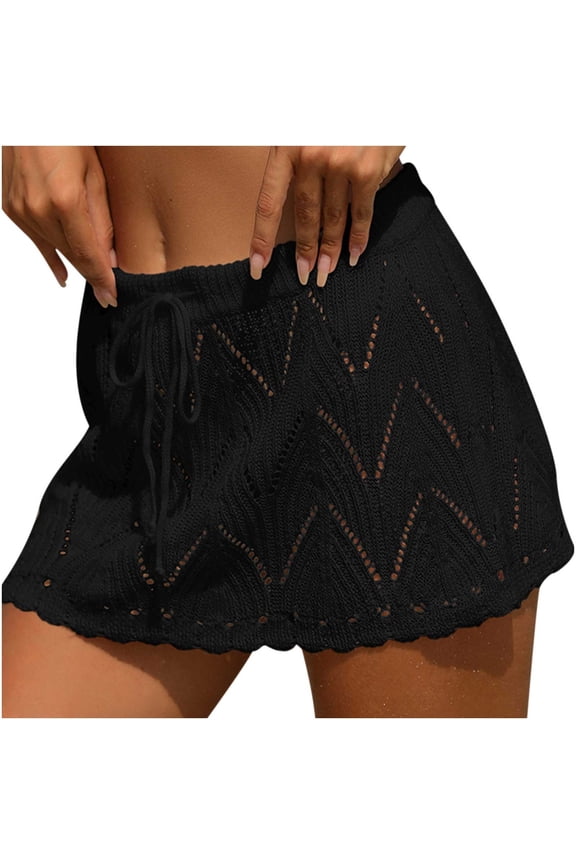 Womens Hollow Out Drawstring Skirt Knit Crochet Hipster Skirt Elastic Waist Beach Knitted Skirt