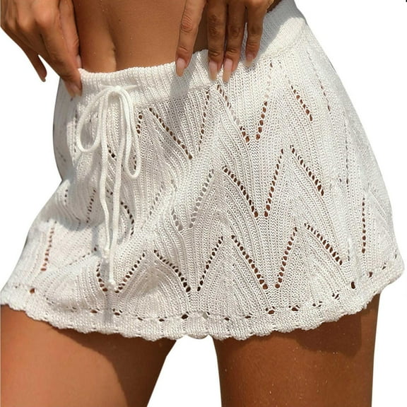 FAIWAD Womens Hollow Out Drawstring Skirt Knit Crochet Hipster Skirt Elastic Waist Beach Knitted Skirt
