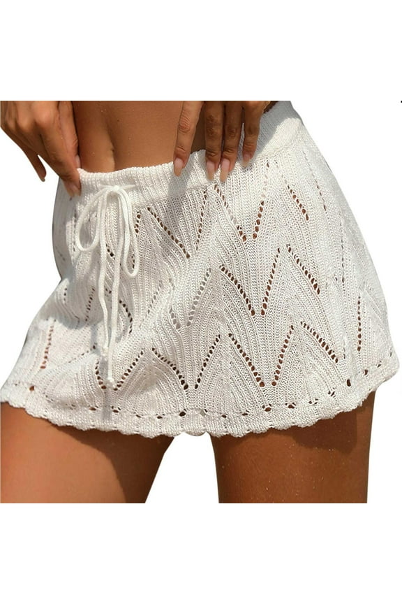 Womens Hollow Out Drawstring Skirt Knit Crochet Hipster Skirt Elastic Waist Beach Knitted Skirt
