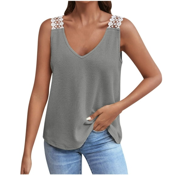 FAIWAD Womens Hollow Out Straps Tank Tops V Neck Sleeveless Knit Shirts Summer Lace Crochet Splicing Blouses