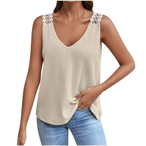 FAIWAD Womens Hollow Out Straps Tank Tops V Neck Sleeveless Knit Shirts Summer Lace Crochet Splicing Blouses