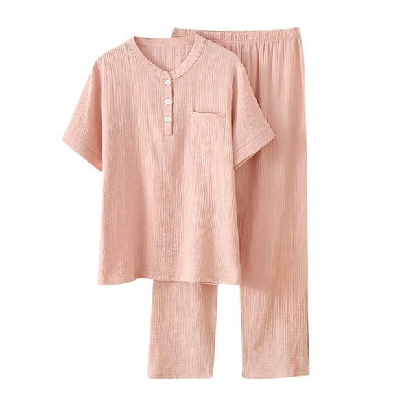 FAIWAD Womens Homewear Sets Short Sleeve Button Shirts with Straight Leg Pants 2 Piece Pajama Outfit (X-Large, Pink4)