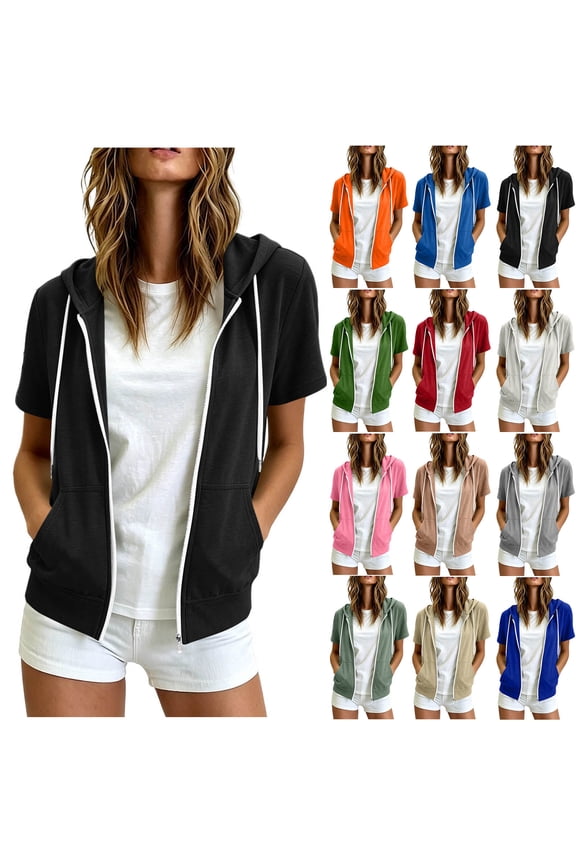 Women's Zip Up Hoodie Short Sleeves Hooded Athletic Workout Sweatshirt Casual Drawstring Jacket with Pockets