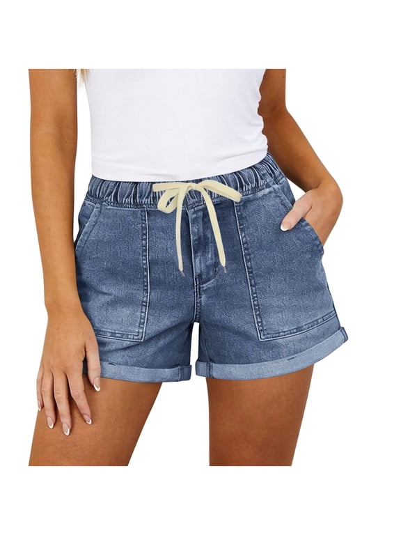 Womens Jean Shorts Summer Casual Drawstring Elastic Waist Denim Shorts with Pockets Loose Cuffed Jean Shorts