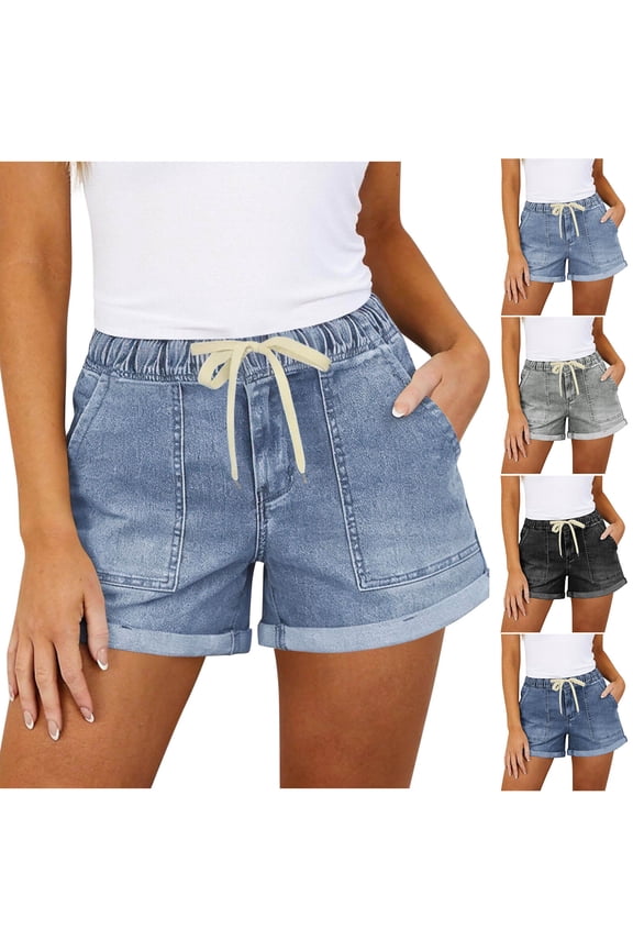 Womens Jean Shorts Summer Casual Drawstring Elastic Waist Denim Shorts with Pockets Loose Cuffed Jean Shorts