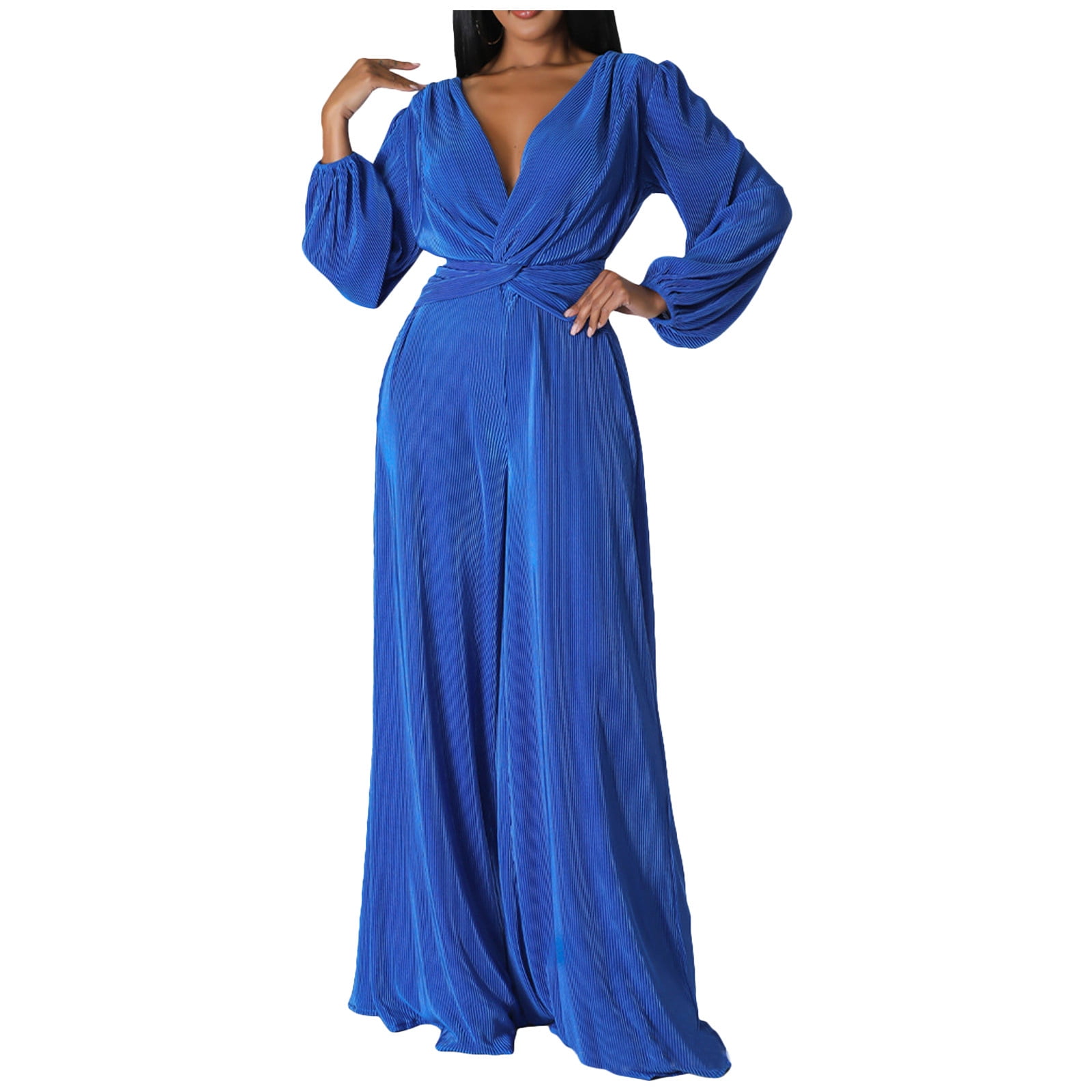 FAIWAD Womens Jumpsuit Deep V Neck Long Sleeve Pleated Wide Leg Long