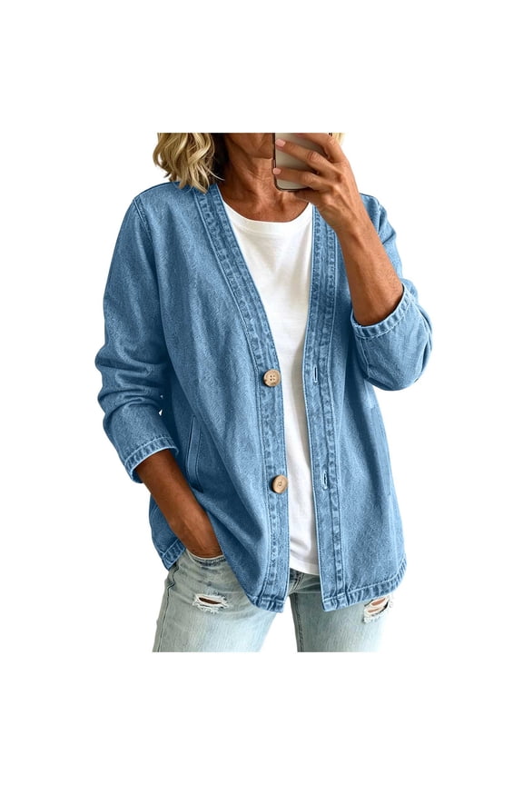 Denim Jacket for Women Classic Button Front Long Sleeve Open Front Cardigan Coat with Pockets