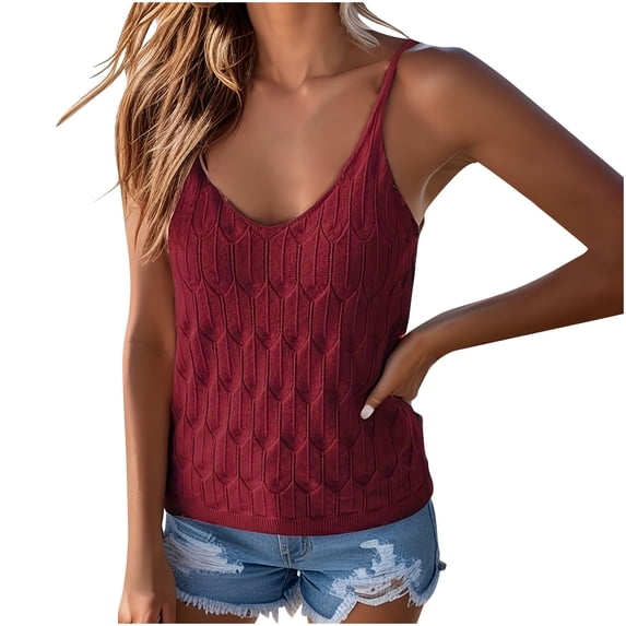 FAIWAD Womens Knit Tank Tops Summer V Neck Camisole Spaghetti Strap Cami Top Sleeveless Casual Solid Color Crochet Vest