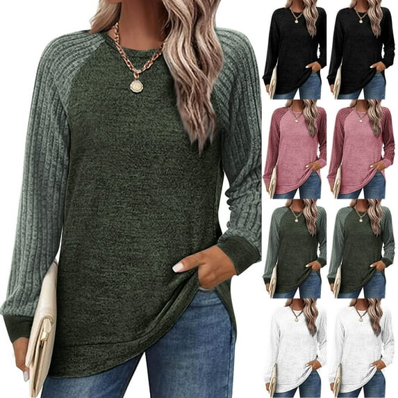 FAIWAD Womens Knitted Tops Color Block Long Sleeve Shirts Crewneck Lightweight Pullover Casual Trendy Clothes
