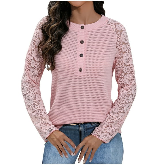 FAIWAD Womens Lace Crochet Shirts Long Sleeve Round Neck Button Hollow Out Tunics Top Casual Spring Summer Tops