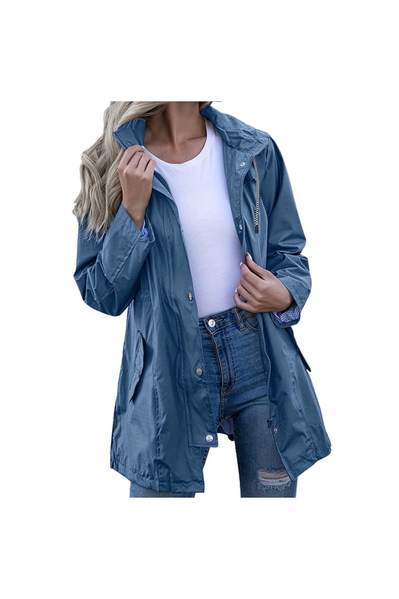 Womens Lightweight Hooded Windbreaker Waterproof Zipper Medium-Length Raincoat Casual Outdoor Hiking Rain Jacket